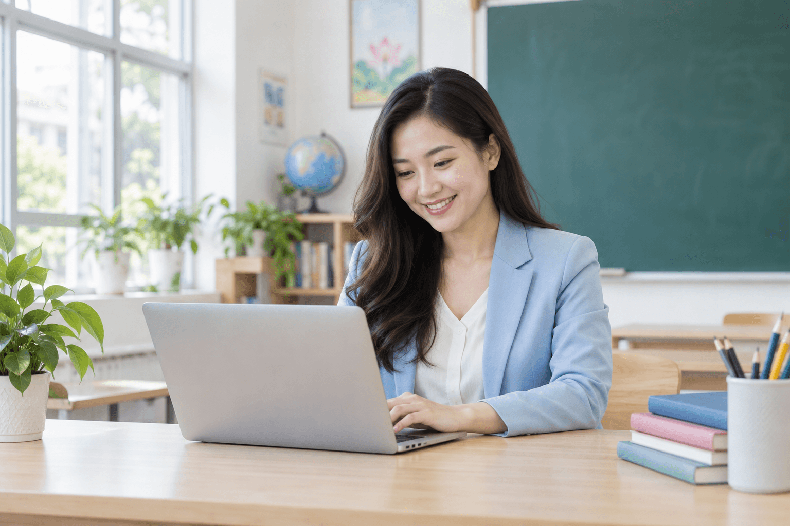 Giáo viên trong trang phục xanh nhạt đang chuẩn bị bài giảng trên laptop tại lớp học